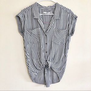JACHS Girlfriend Black and White Striped Button-Down Tie Front Shirt